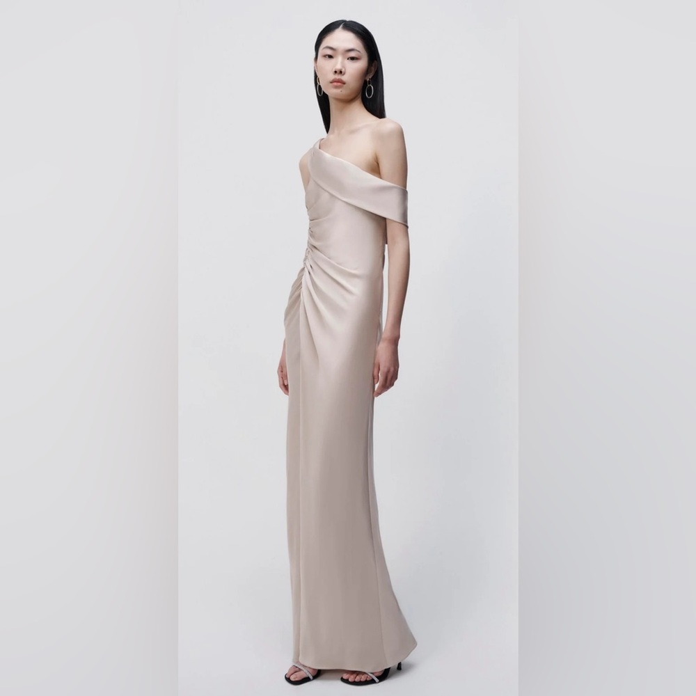 Jonathan Simkhai One-Shoulder Ruched Satin Gown in Taupe - Picture 4 of 7